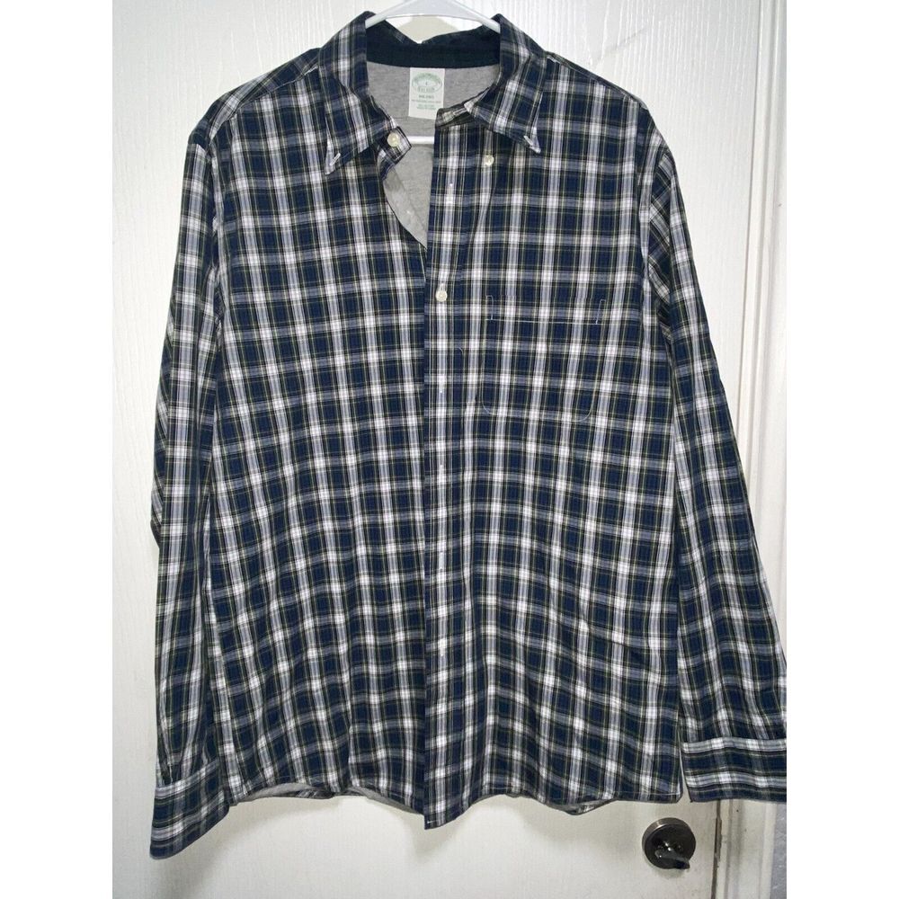 Brooks Brother Shirt Mens Large Blue Check Milano Thermal Lined Cotton Button Up